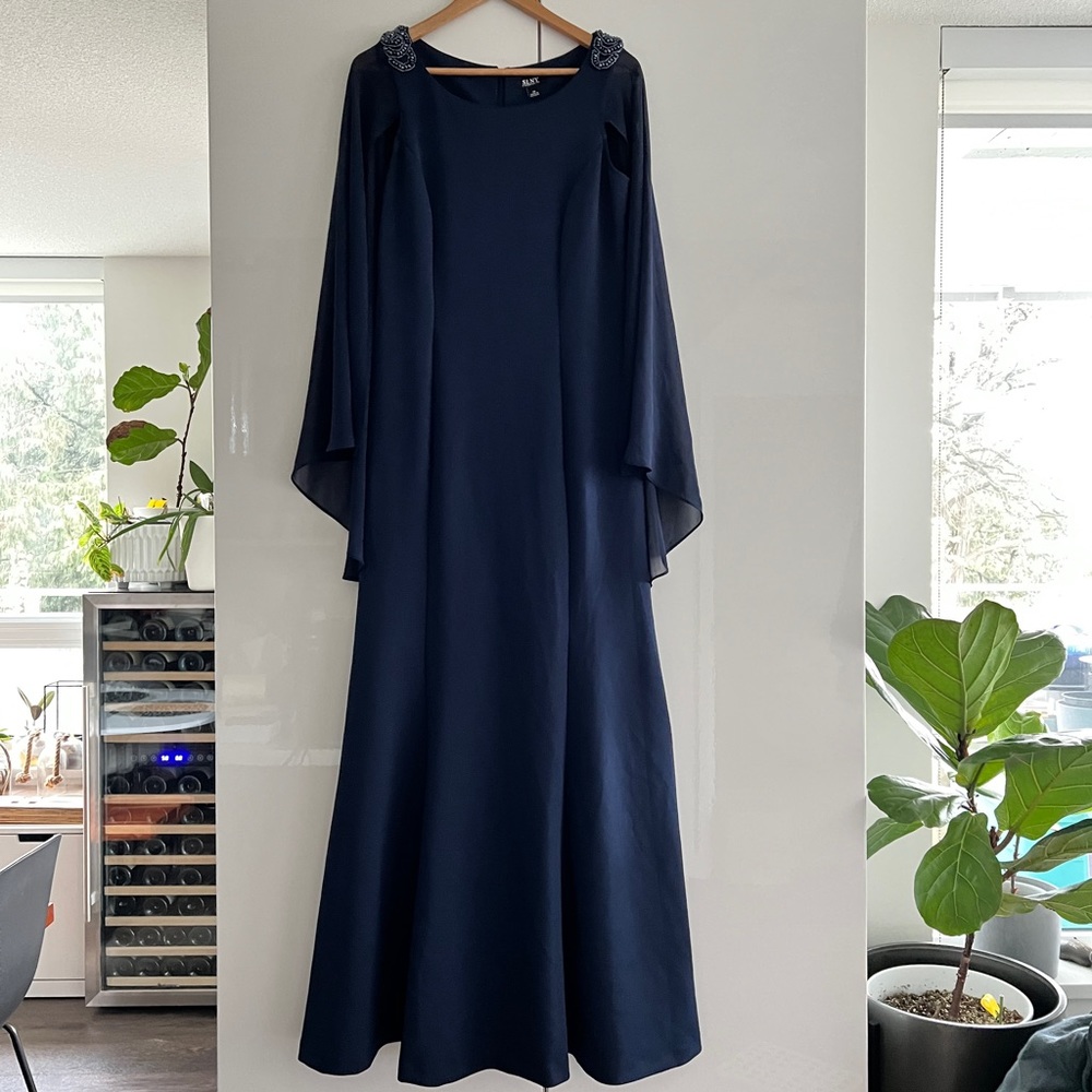 Evening gown by SLNY SZ 10 Navy Blue Beaded Shoulder Detail